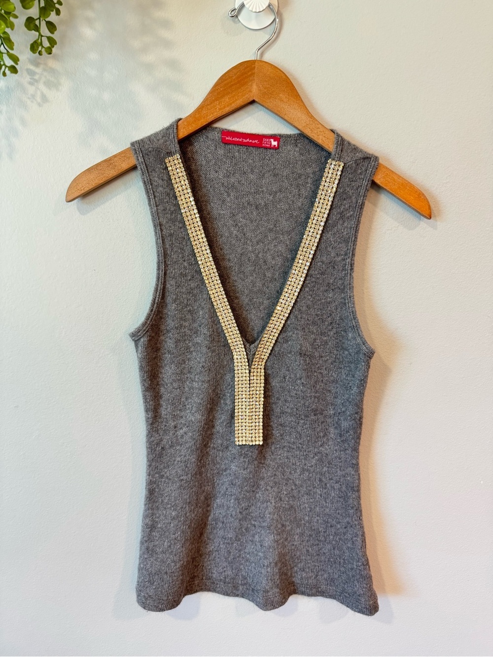 Saks Fifth Avenue Gray Cashmere Sleeveless Knit Tank with Gem Trim Sz Sm